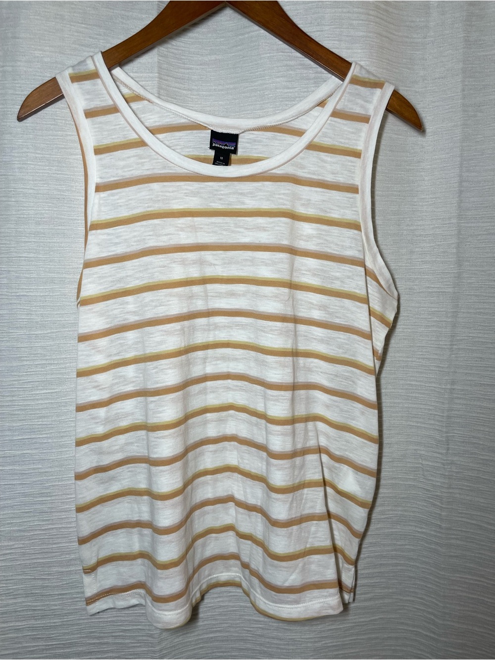 Patagonia White Tank Top with Tan & Light Yellow Stripes